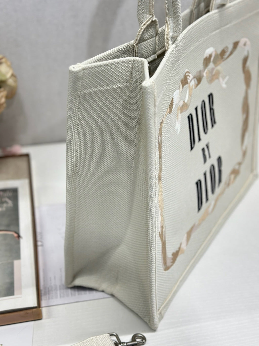 DIOR 26S TOTE BAG 36 IN CREAM BEIGE EMBROIDERED FABRIC