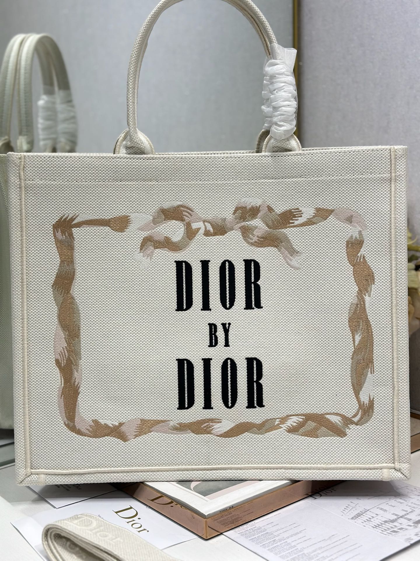 DIOR 26S TOTE BAG 36 IN CREAM BEIGE EMBROIDERED FABRIC