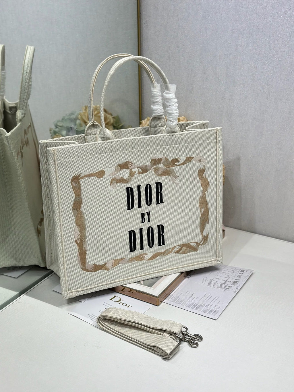 DIOR 26S TOTE BAG 36 IN CREAM BEIGE EMBROIDERED FABRIC