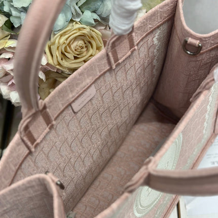 DIOR 26S  BOOK TOTE BAG 36 IN LIGHT PINK AND WHITE FABRIC
