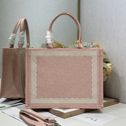 DIOR 26S  BOOK TOTE BAG 36 IN LIGHT PINK AND WHITE FABRIC