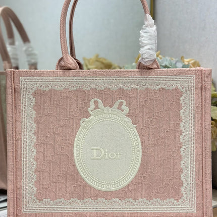 DIOR 26S  BOOK TOTE BAG 36 IN LIGHT PINK AND WHITE FABRIC
