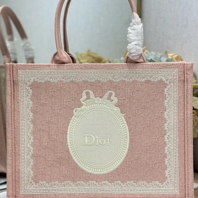 DIOR 26S  BOOK TOTE BAG 36 IN LIGHT PINK AND WHITE FABRIC