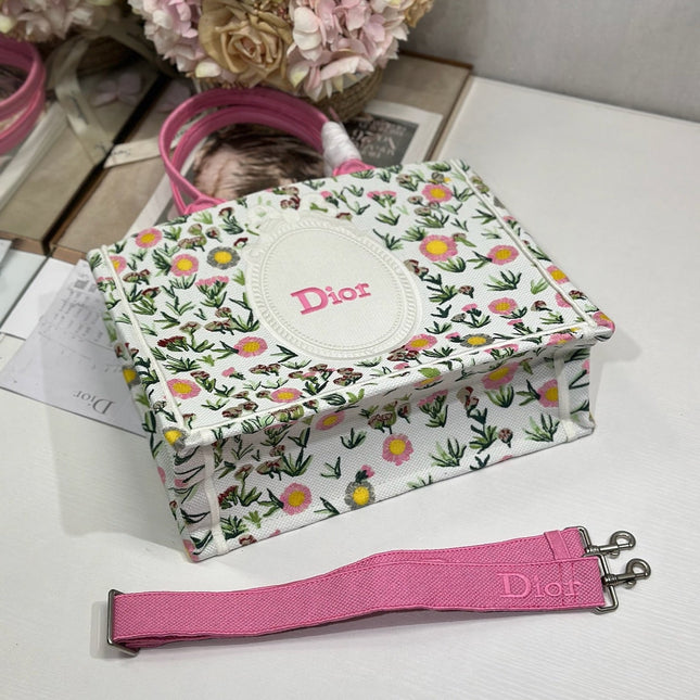 DIOR 26S BOOK TOTE BAG 36 IN MULTICOLOR FLORAL EMBROIDERED JACQUARD