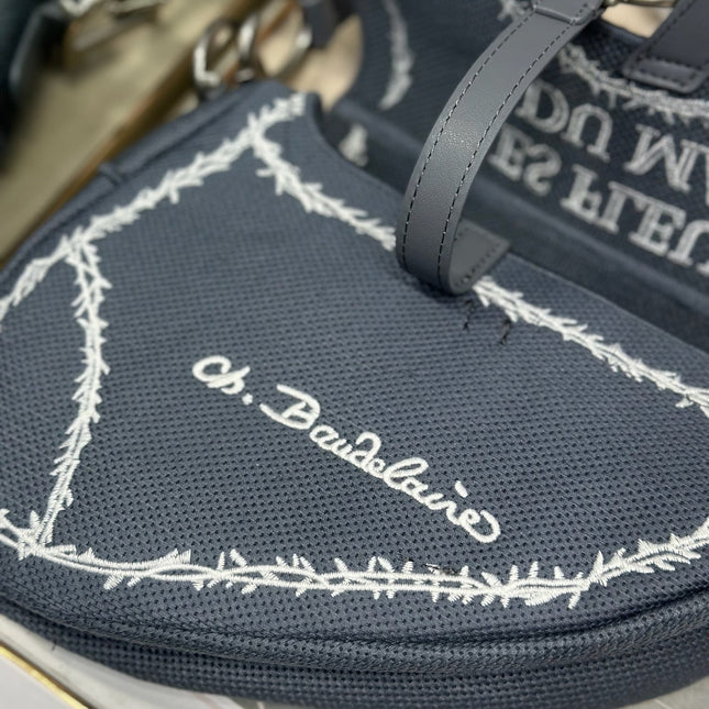 DIOR 26S SADDLE BAG 25 IN DARK BLUE AND WHITE EMBROIDERED JACQUARD