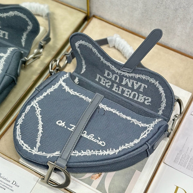 DIOR 26S SADDLE BAG 25 IN DARK BLUE AND WHITE EMBROIDERED JACQUARD