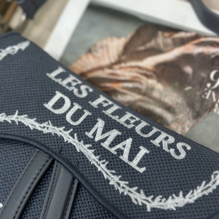 DIOR 26S SADDLE BAG 25 IN DARK BLUE AND WHITE EMBROIDERED JACQUARD