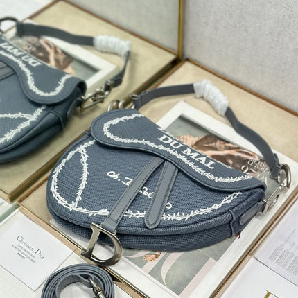 DIOR 26S SADDLE BAG 25 IN DARK BLUE AND WHITE EMBROIDERED JACQUARD