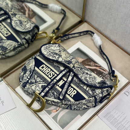 DIOR 26S SADDLE BAG 25 IN NAVY BLUE AND BEIGE JACQUARD