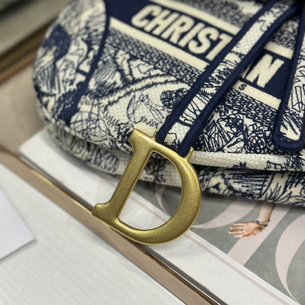 DIOR 26S SADDLE BAG 25 IN NAVY BLUE AND BEIGE JACQUARD