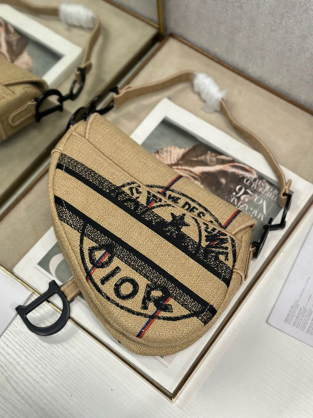 DIOR 26S SADDLE BAG 25 IN BEIGE EMBROIDERED FABRIC