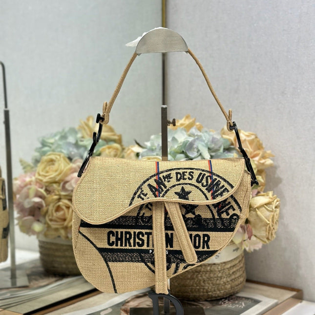 DIOR 26S SADDLE BAG 25 IN BEIGE EMBROIDERED FABRIC