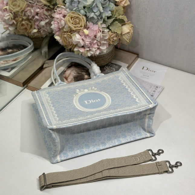 DIOR 26S BOOK TOTE BAG 36 IN LIGHT BLUE AND BEIGE BAYADERE FABRIC