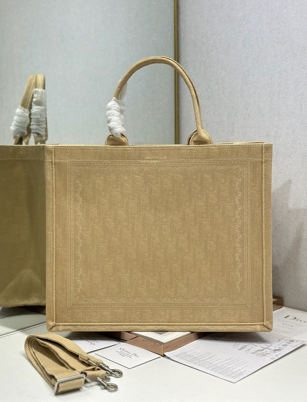 DIOR 26S BOOK TOTE BAG 42 IN BEIGE BAYADERE FABRIC