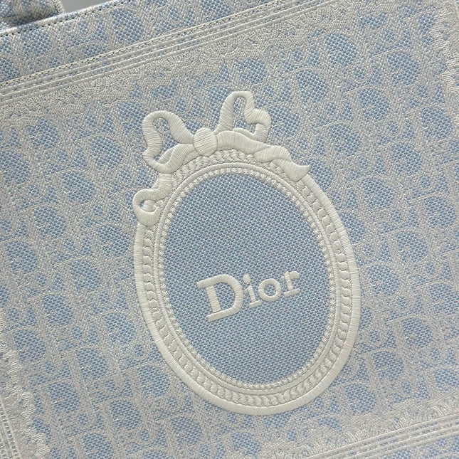 DIOR 26S BOOK TOTE BAG 42 IN LIGHT BLUE AND BEIGE BAYADERE FABRIC