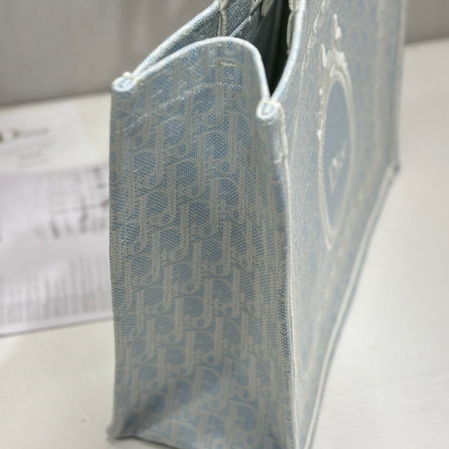 DIOR 26S BOOK TOTE BAG 42 IN LIGHT BLUE AND BEIGE BAYADERE FABRIC