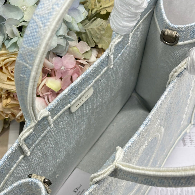 DIOR 26S BOOK TOTE BAG 36 IN LIGHT BLUE AND BEIGE BAYADERE FABRIC