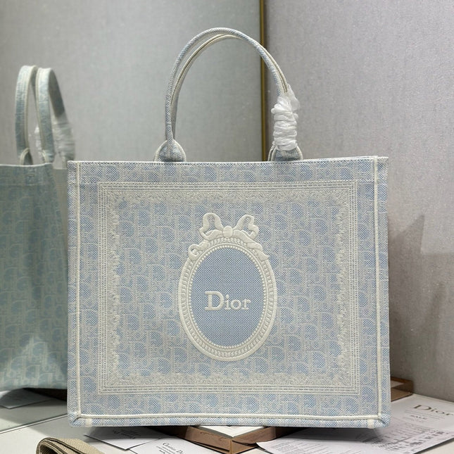 DIOR 26S BOOK TOTE BAG 42 IN LIGHT BLUE AND BEIGE BAYADERE FABRIC