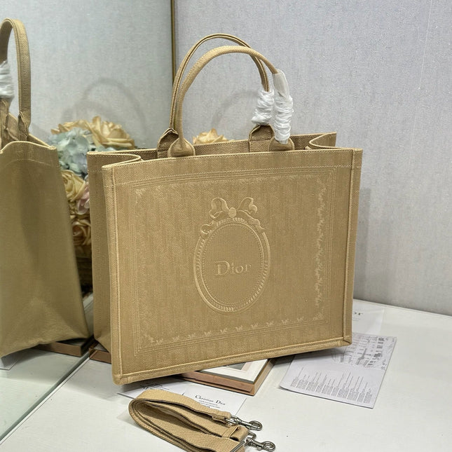 DIOR 26S BOOK TOTE BAG 42 IN BEIGE BAYADERE FABRIC