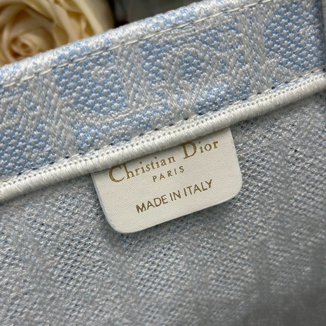 DIOR 26S BOOK TOTE BAG 36 IN LIGHT BLUE AND BEIGE BAYADERE FABRIC