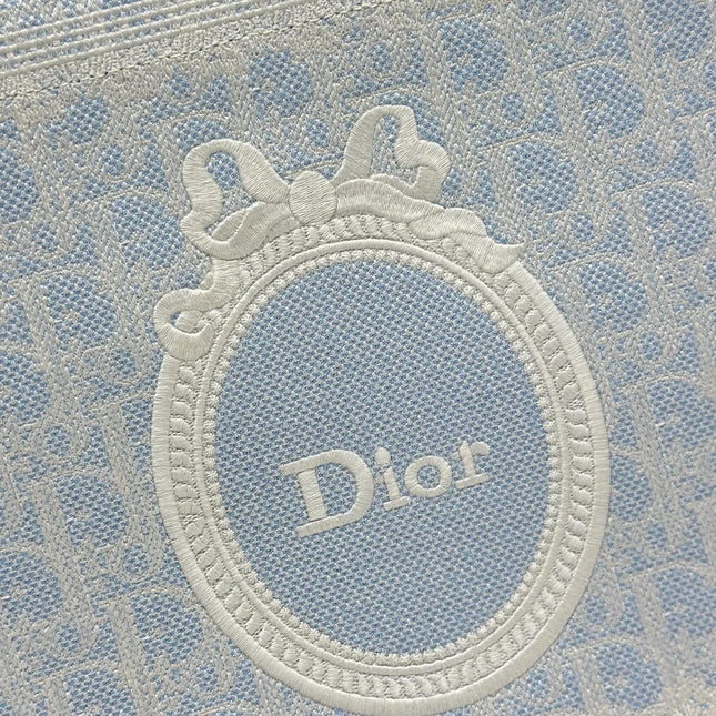 DIOR 26S BOOK TOTE BAG 36 IN LIGHT BLUE AND BEIGE BAYADERE FABRIC