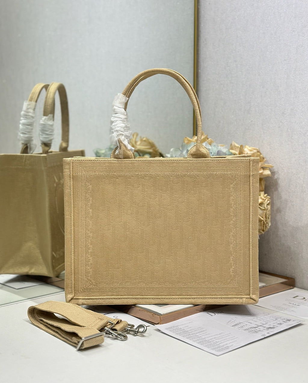 DIOR 26S BOOK TOTE BAG 36 IN BEIGE BAYADERE FABRIC