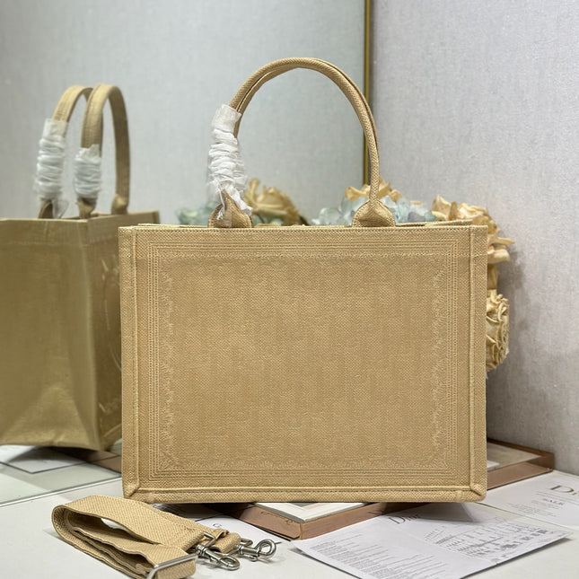 DIOR 26S BOOK TOTE BAG 36 IN BEIGE BAYADERE FABRIC