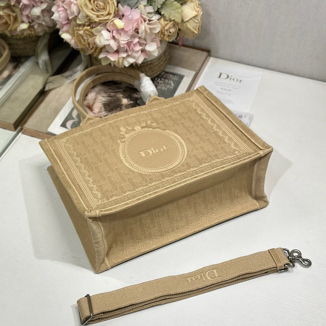 DIOR 26S BOOK TOTE BAG 36 IN BEIGE BAYADERE FABRIC