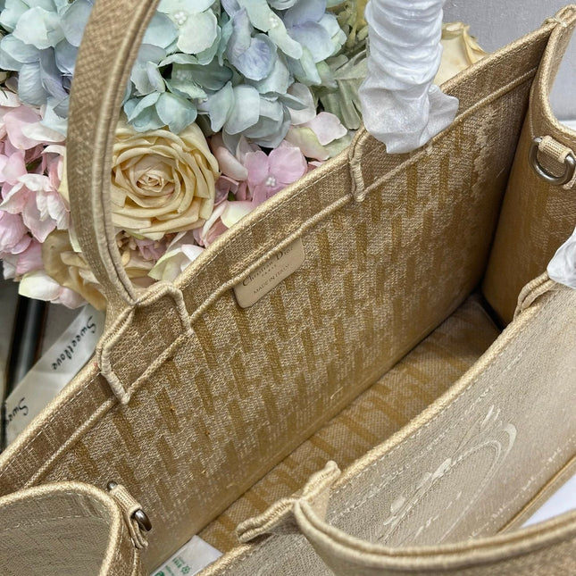 DIOR 26S BOOK TOTE BAG 36 IN BEIGE BAYADERE FABRIC