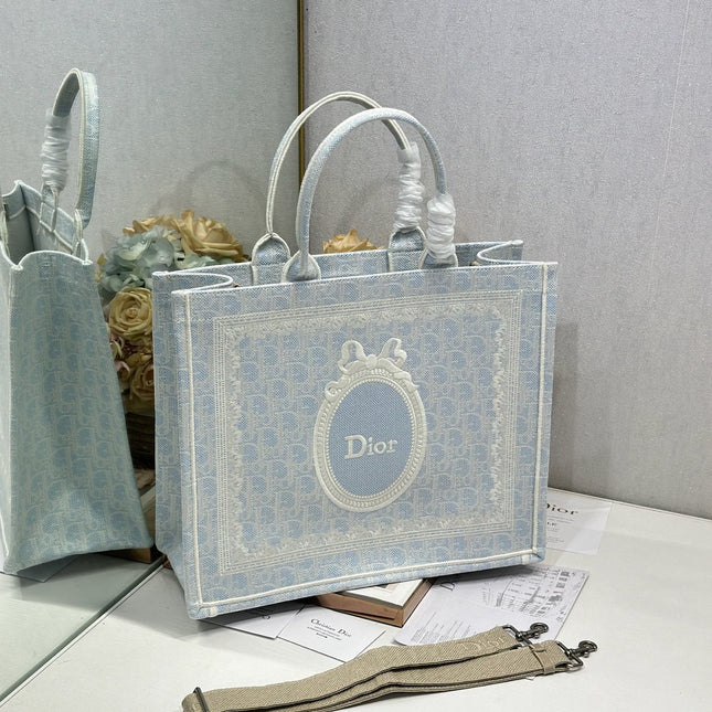 DIOR 26S BOOK TOTE BAG 42 IN LIGHT BLUE AND BEIGE BAYADERE FABRIC