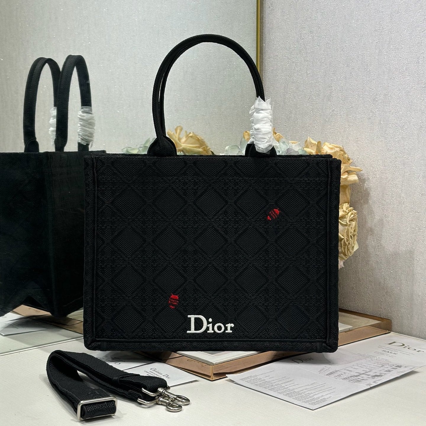DIOR 26S BOOK TOTE BAG 36 IN BLACK BAYADERE FABRIC
