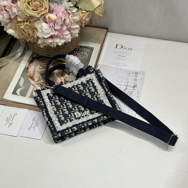 DIOR 26S BOOK TOTE BAG 20 IN NAVY BLUE AND BEIGE FABRIC OBLIQUE FABRIC