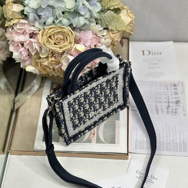 DIOR 26S BOOK TOTE BAG 20 IN NAVY BLUE AND BEIGE FABRIC OBLIQUE FABRIC
