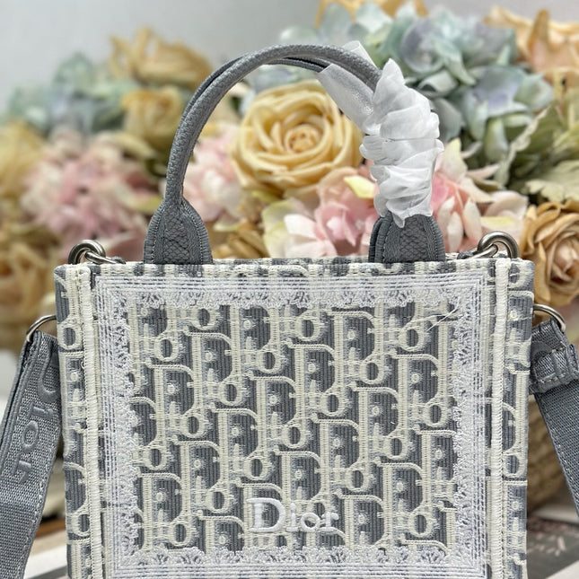DIOR 26S  BOOK TOTE BAG 20 IN GREY AND BEIGE FABRIC OBLIQUE FABRIC