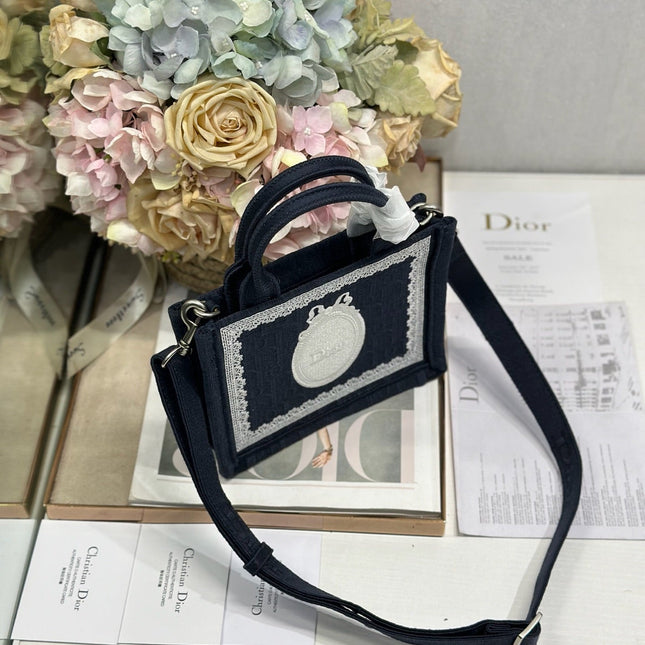 DIOR 26S  BOOK TOTE BAG 20 IN NAVY BLUE AND WHITE FABRIC