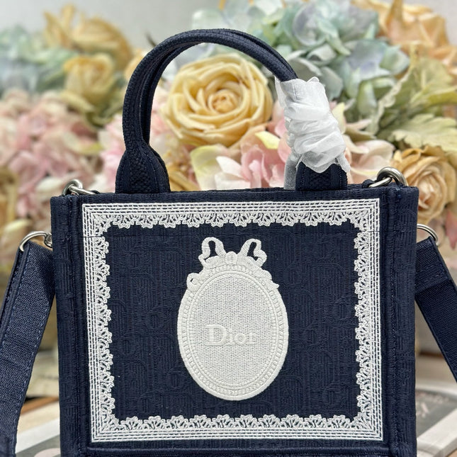DIOR 26S  BOOK TOTE BAG 20 IN NAVY BLUE AND WHITE FABRIC