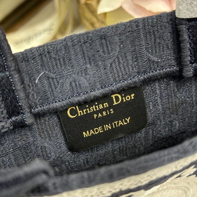 DIOR 26S  BOOK TOTE BAG 20 IN NAVY BLUE AND WHITE FABRIC