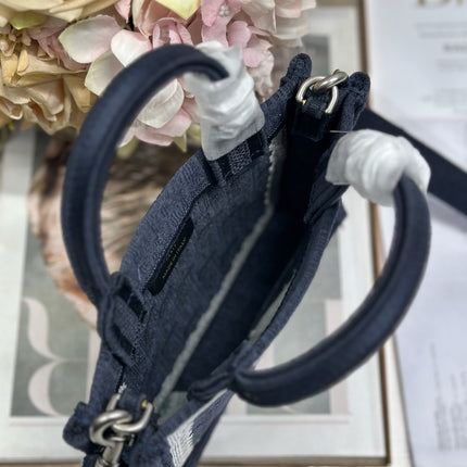 DIOR 26S  BOOK TOTE BAG 20 IN NAVY BLUE AND WHITE FABRIC