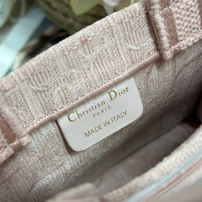 DIOR 26S  BOOK TOTE BAG 20 IN LIGHT PINK AND WHITE FABRIC