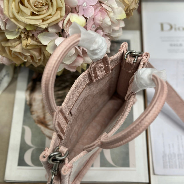 DIOR 26S  BOOK TOTE BAG 20 IN LIGHT PINK AND WHITE FABRIC