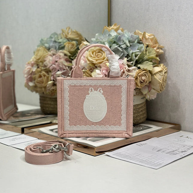DIOR 26S  BOOK TOTE BAG 20 IN LIGHT PINK AND WHITE FABRIC