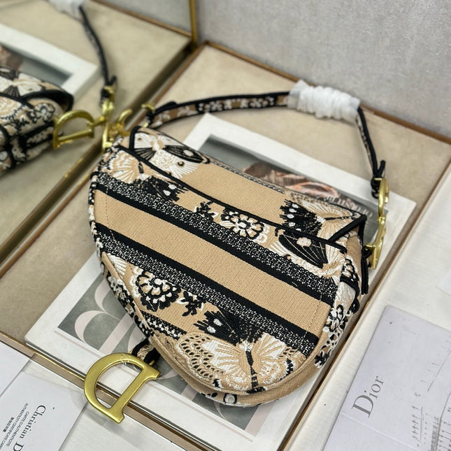 DIOR 26S SADDLE BAG 25 IN BEIGE MIX BLACK WOVEN FABRIC