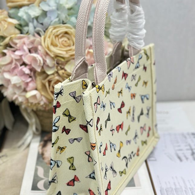 DIOR 26S MINI BOOK TOTE 26 IN BEIGE WHITE BOW PRINT WOVEN FABRIC