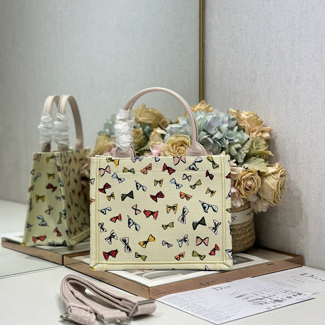 DIOR 26S MINI BOOK TOTE 26 IN BEIGE WHITE BOW PRINT WOVEN FABRIC