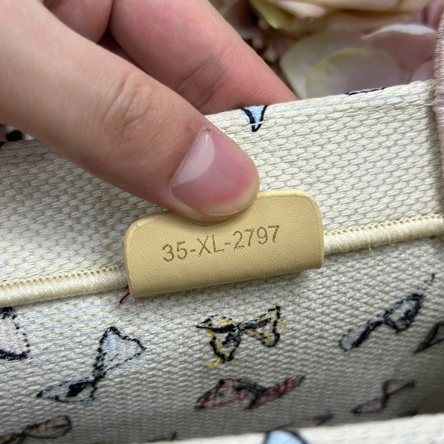 DIOR 26S MINI BOOK TOTE 26 IN BEIGE WHITE BOW PRINT WOVEN FABRIC