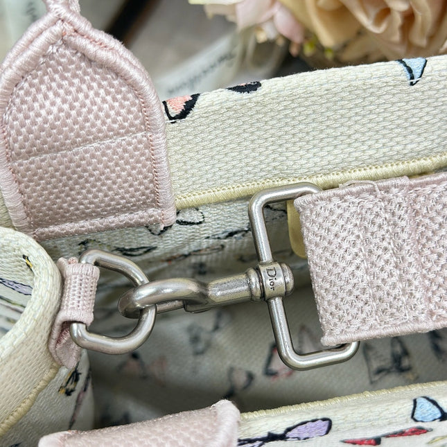 DIOR 26S MINI BOOK TOTE 26 IN BEIGE WHITE BOW PRINT WOVEN FABRIC