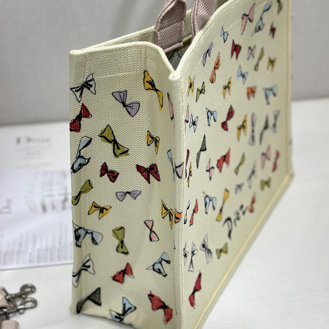 DIOR 26S LARGE BOOK TOTE 42 BEIGE WHITE BOW PRINT WOVEN FABRIC