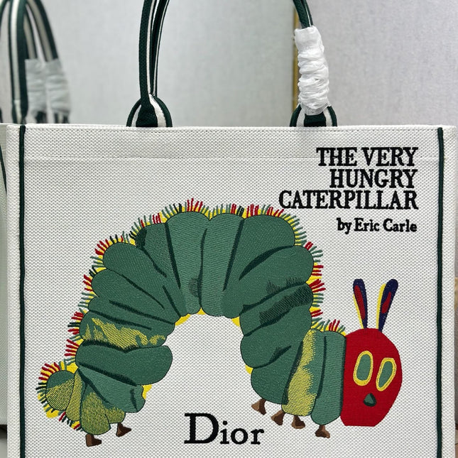 DIOR 26S LARGE BOOK TOTE 42 IN CREAM WHITE AND GREEN WOVEN FABRIC