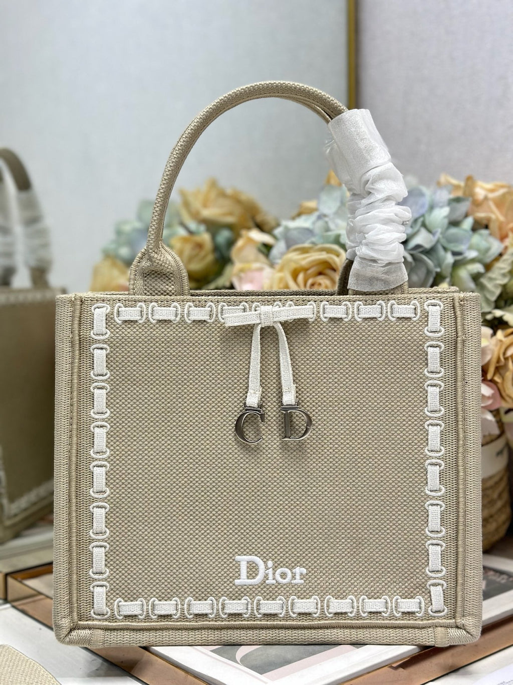 DIOR 26S MINI BOOK TOTE 26 IN BEIGE WOVEN FABRIC