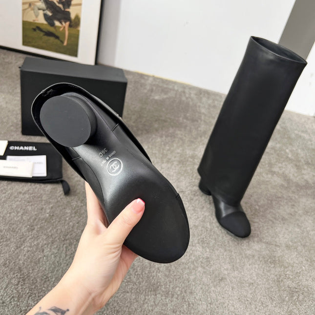 CHANEL 25S HIGH BOOTS 55MM IN BLACK CALFSKIN AND CANVAS GOLD HARDWARE